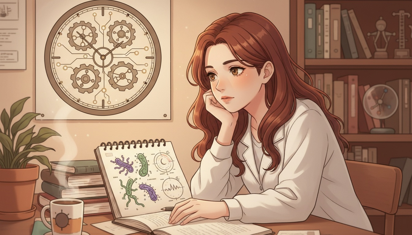 Naia studying a clock diagram beside gut bacteria research notes at her desk