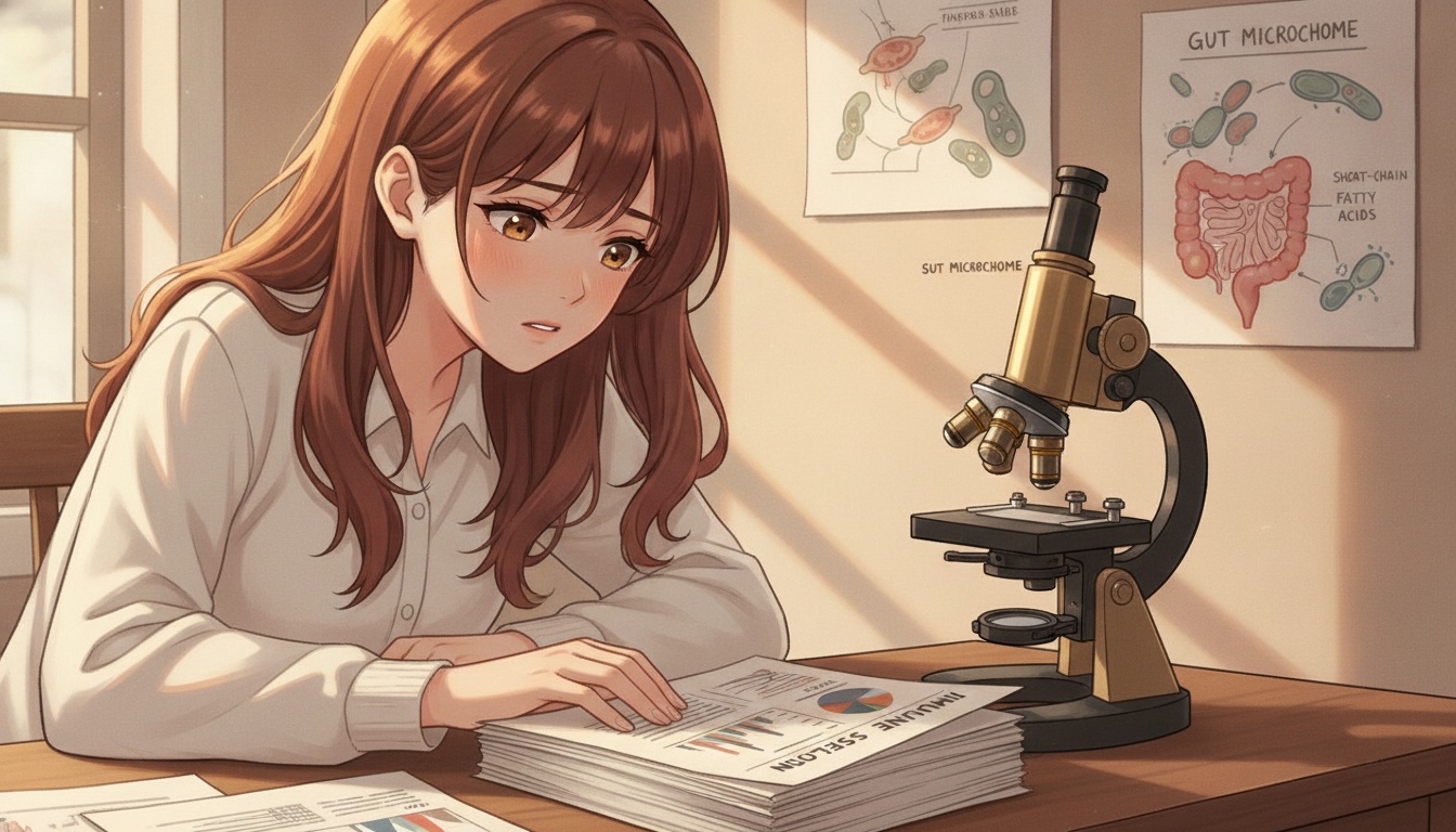 Naia with a concerned expression looking at immune system research papers on a desk
