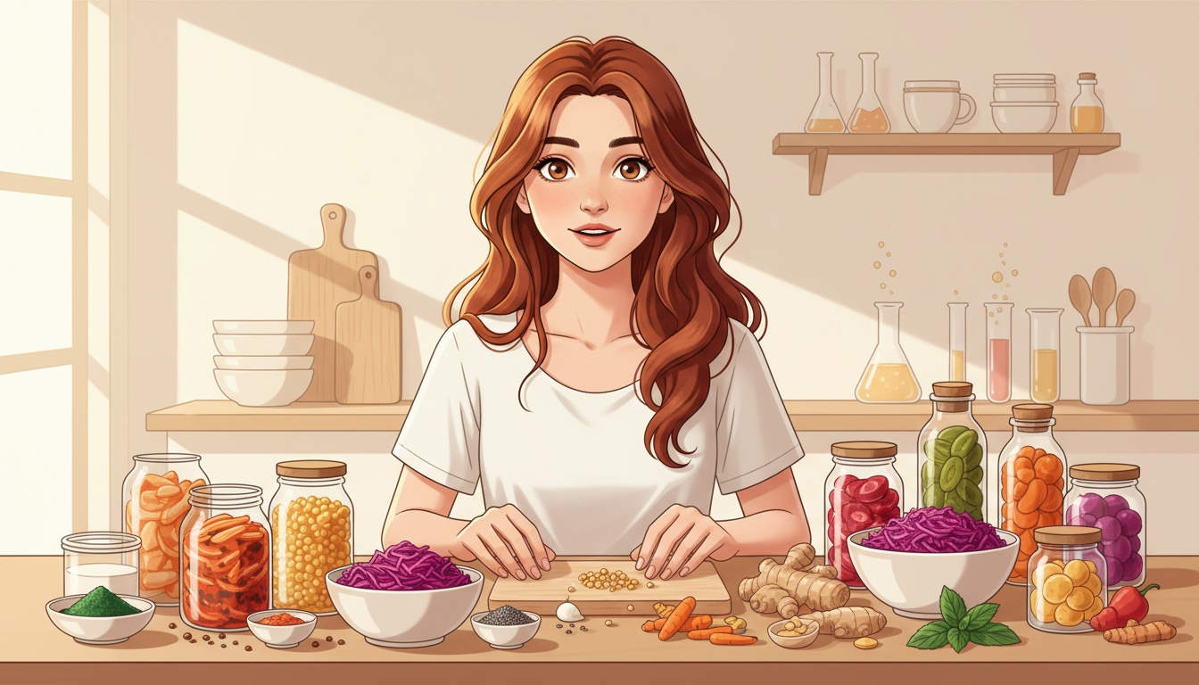 Naia with fermented foods and gut-health ingredients on kitchen counter