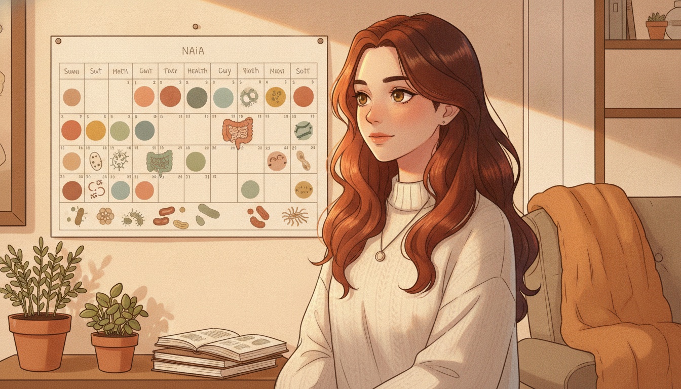 Naia reviewing a timeline chart of gut healing stages with research notes