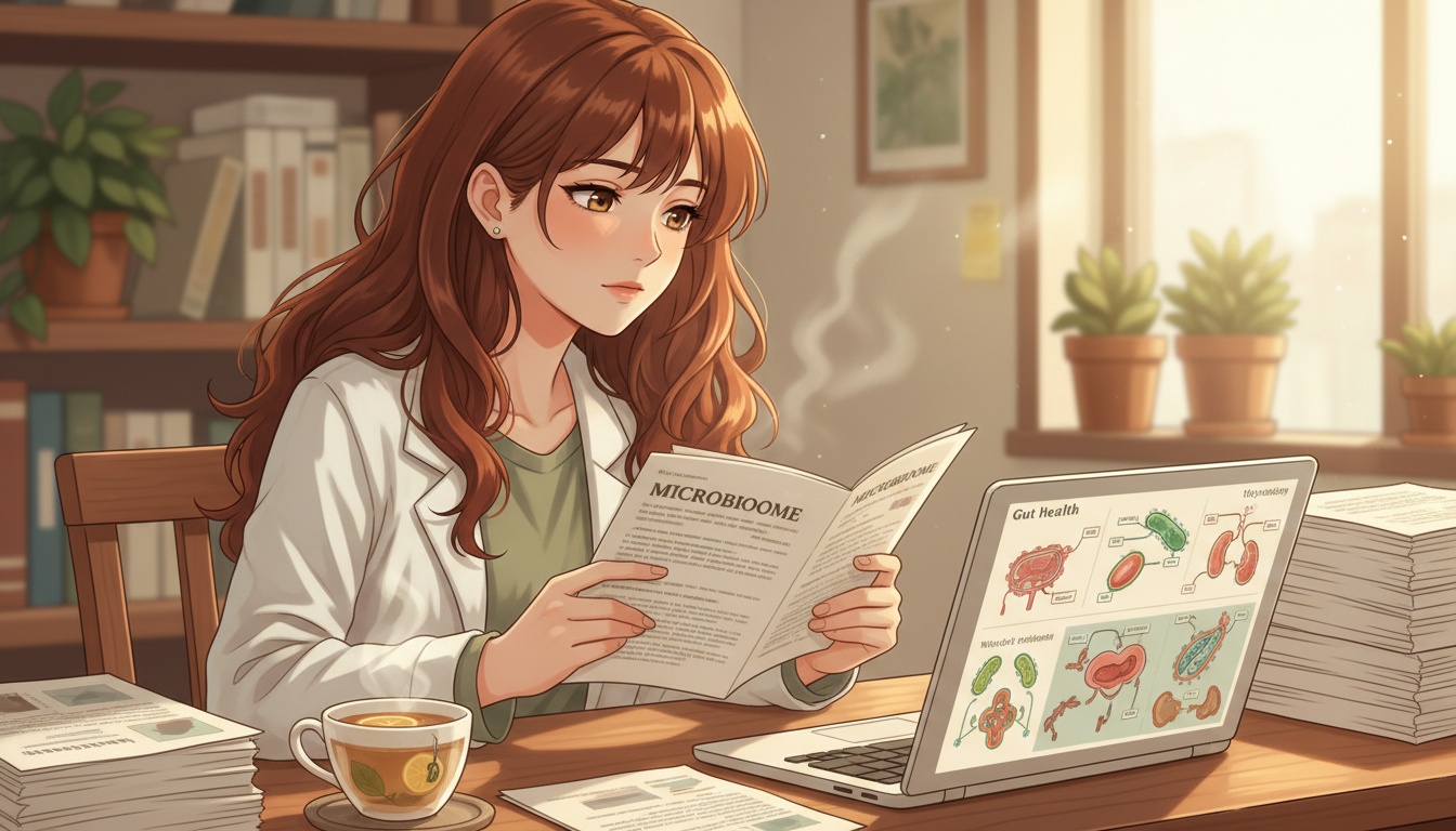 Naia examining gut-brain connection research at her desk with microbiome diagrams