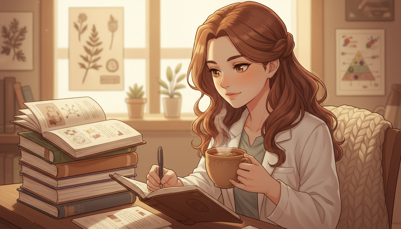 Naia journaling beside a cup of herbal tea and a stack of open nutrition books, thoughtful expression