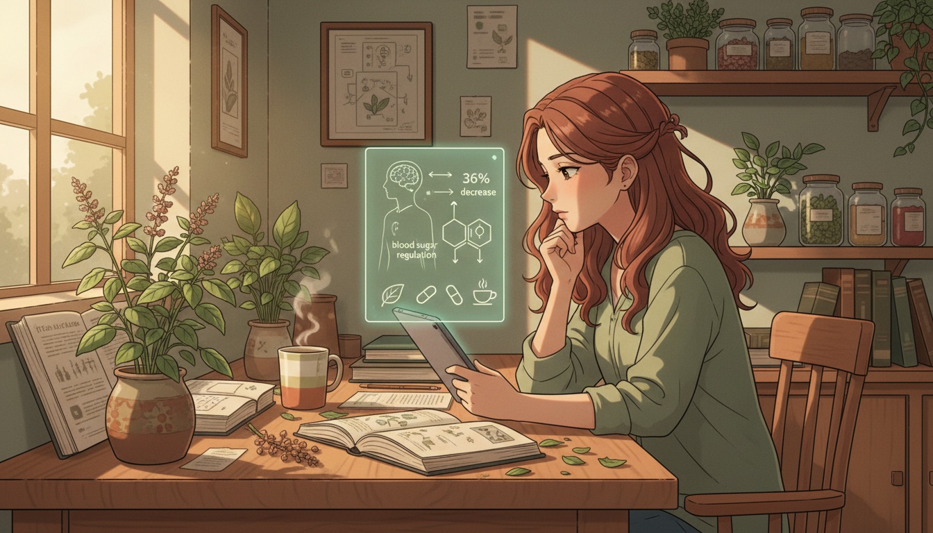 Naia researching holy basil supplements at her desk