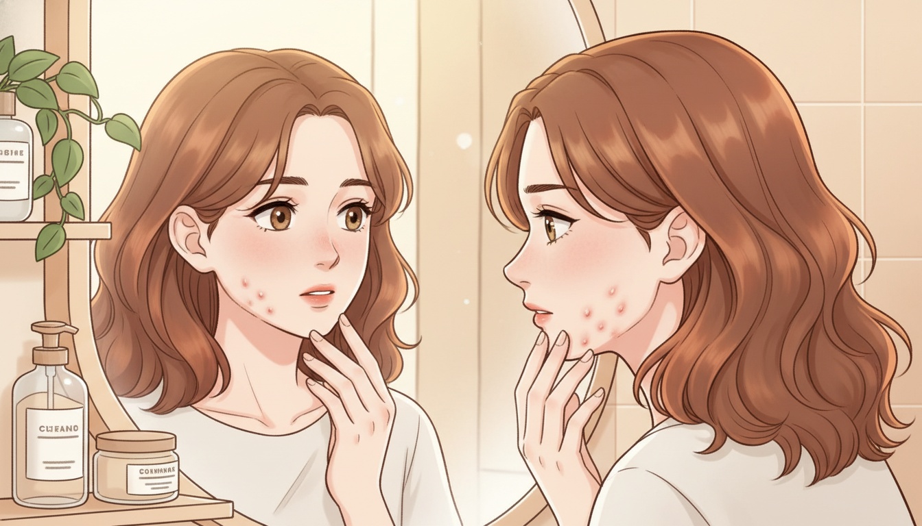 Naia examining hormonal acne on jawline in mirror, warm ivory bathroom