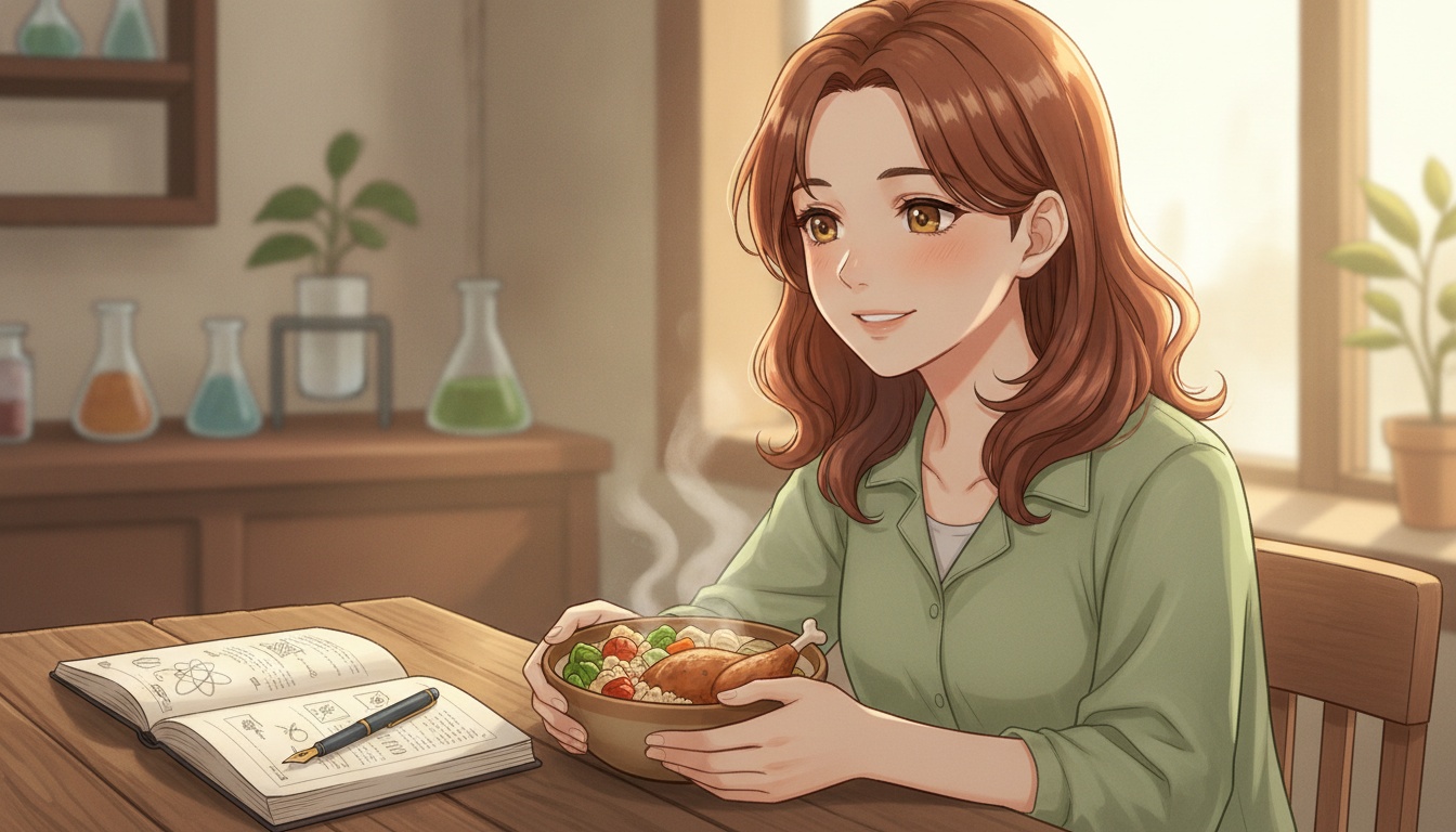 Naia sitting at a table enjoying a meal without a phone or tracker nearby
