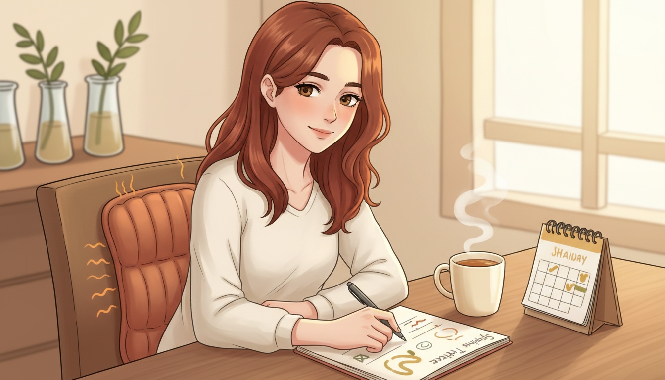 Naia sitting with a heating pad on her desk beside a symptoms notebook, tea steaming, soft warm light