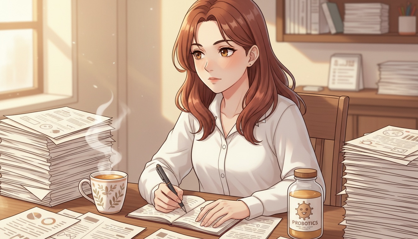 Naia reviewing gut health research papers with a cup of herbal tea