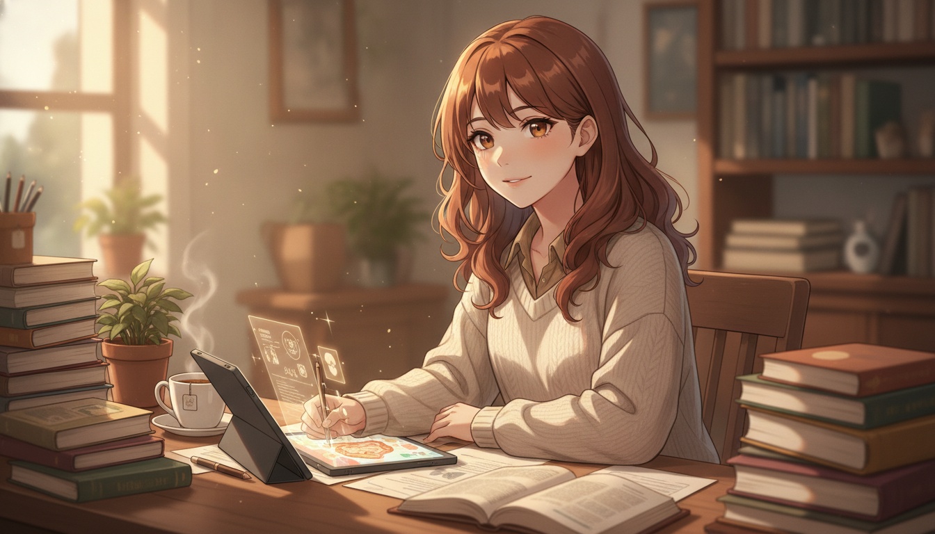 Naia with an empathetic expression reviewing IBS research and gut health protocols at her desk