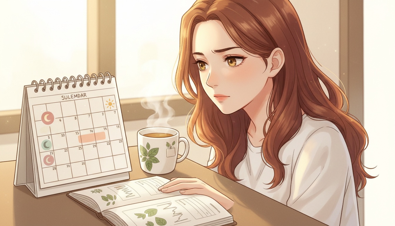 Naia reviewing a calendar marked with cycle phases beside a symptom journal and a cup of peppermint tea