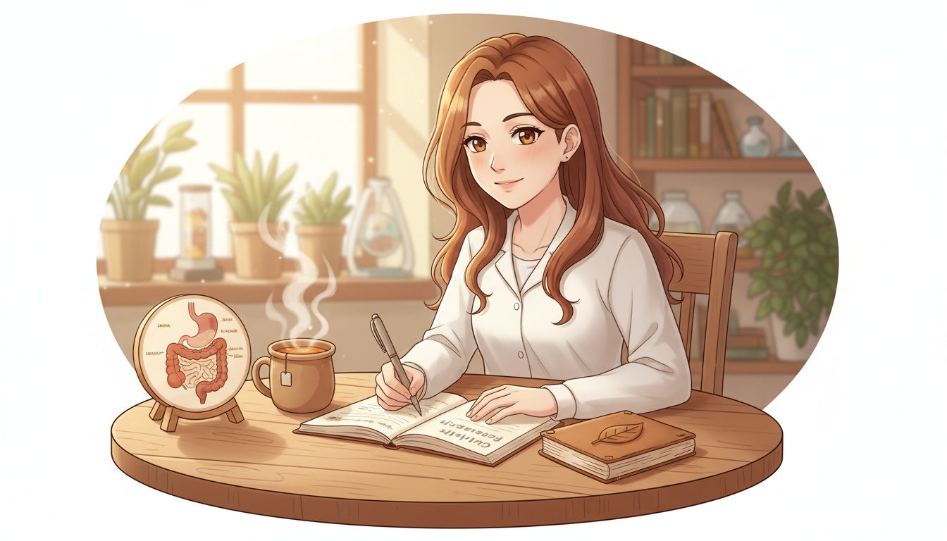 Naia taking notes on gut health research at a desk with a warm cup of herbal tea and a food journal