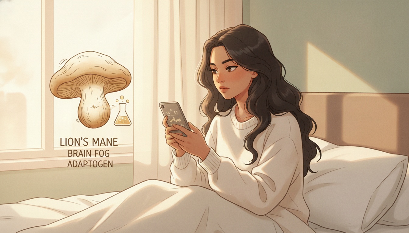 Naia with a thoughtful expression holding a lion's mane mushroom supplement with brain neural network illustration