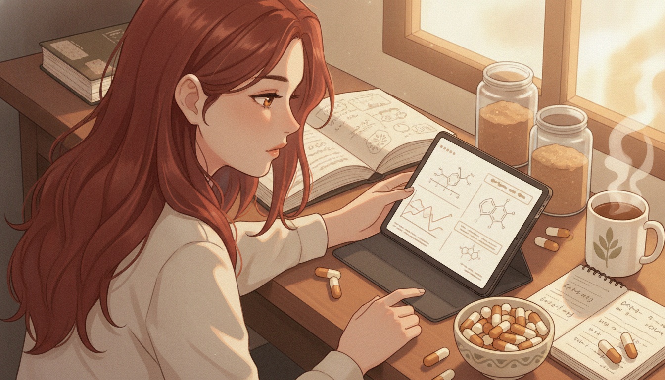 Naia researching maca root supplement studies at her desk