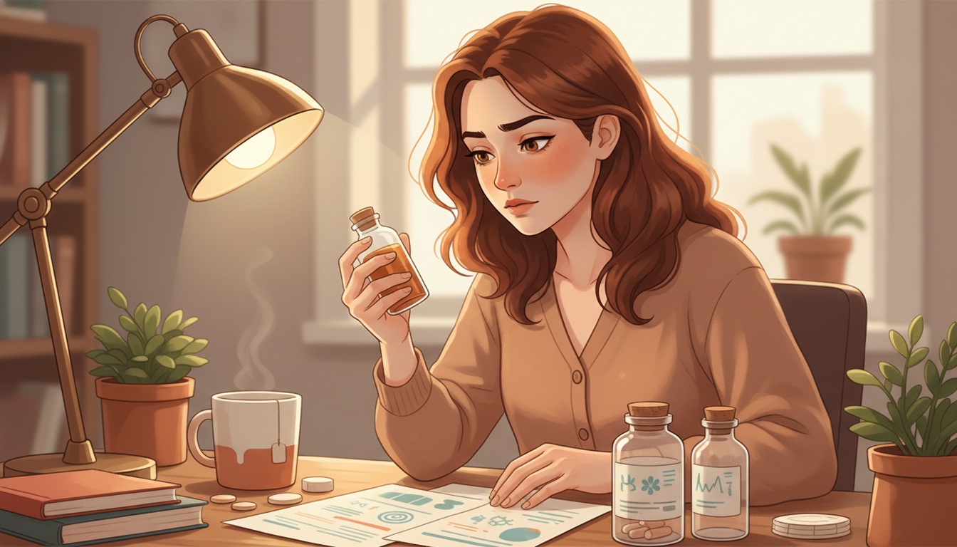 Naia reviewing supplement bottles and research papers at a desk with warm lighting