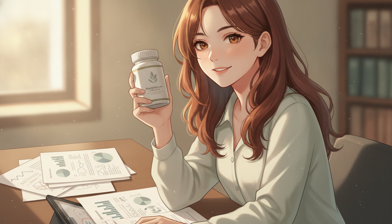 Naia holding magnesium supplement bottle with research papers on desk