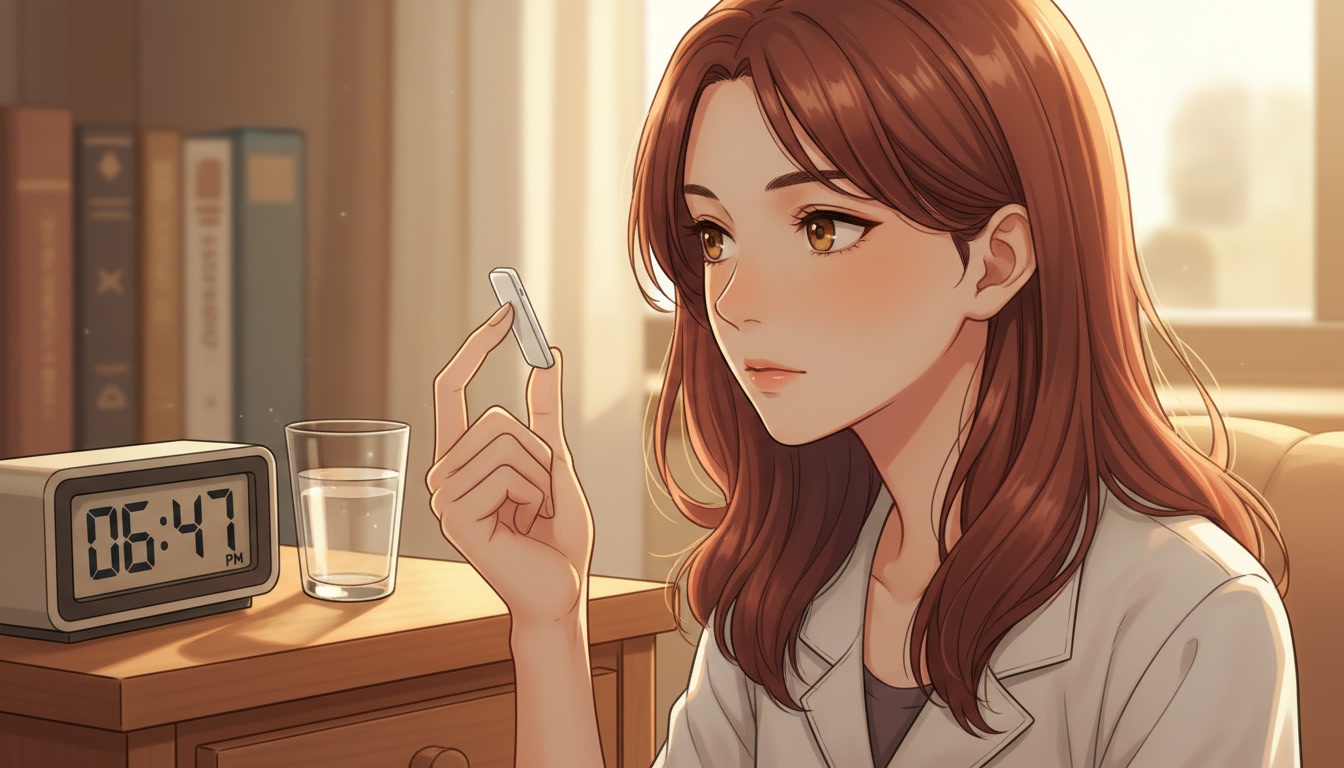 Naia holding a small melatonin tablet next to a bedside clock showing an early evening hour