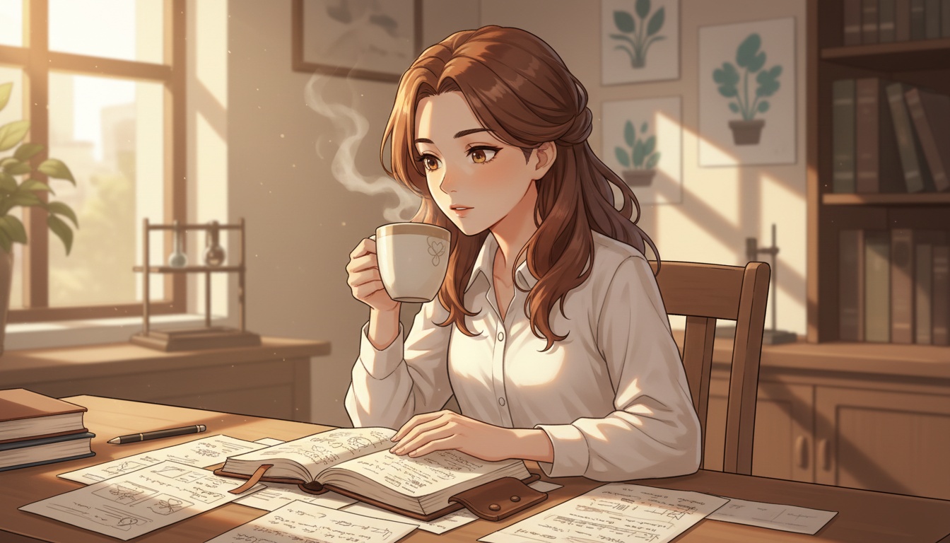 Naia reviewing hormone research notes at a sunlit desk with a warm mug and an open journal
