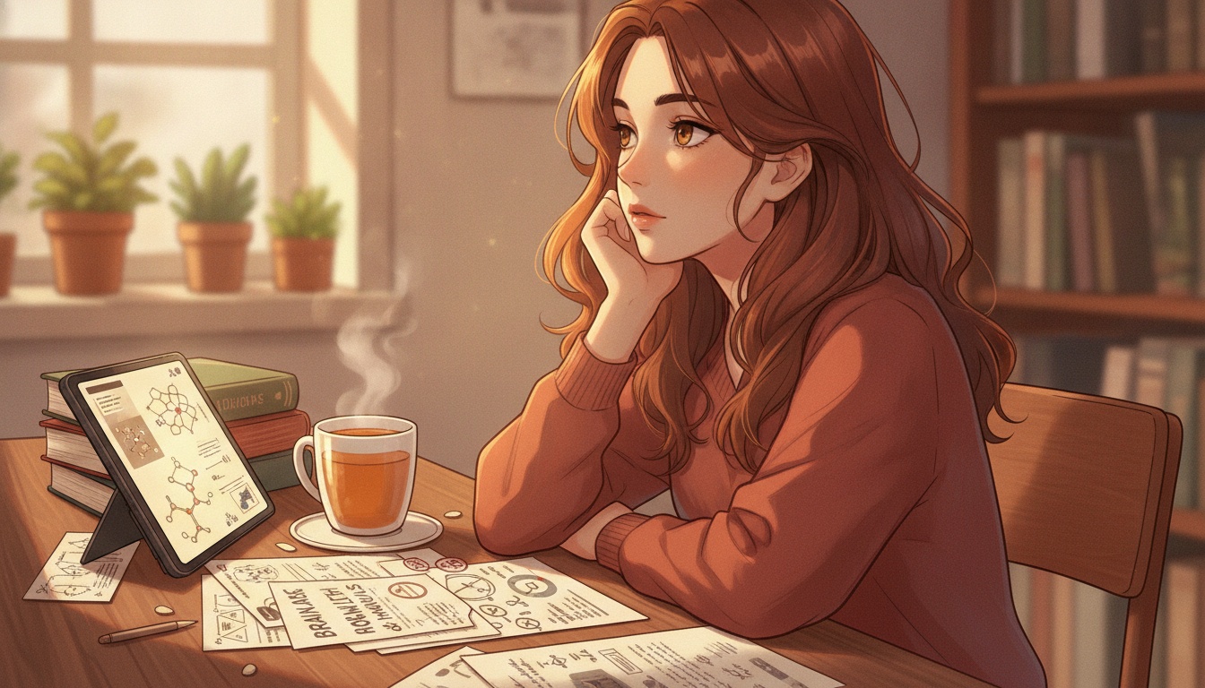 Naia looking thoughtful in a warm research setting with notes and a cup of tea