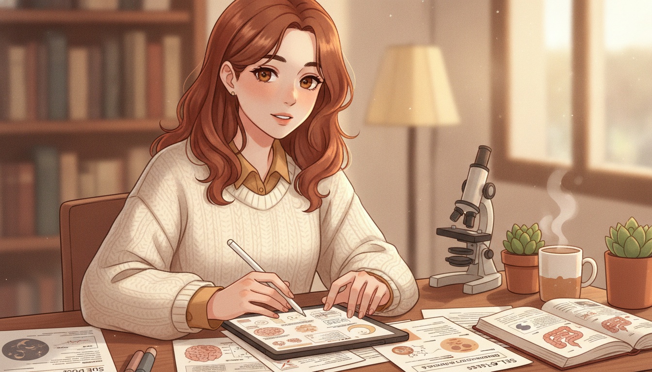 Naia looking tired at her desk researching the sleep-microbiome connection