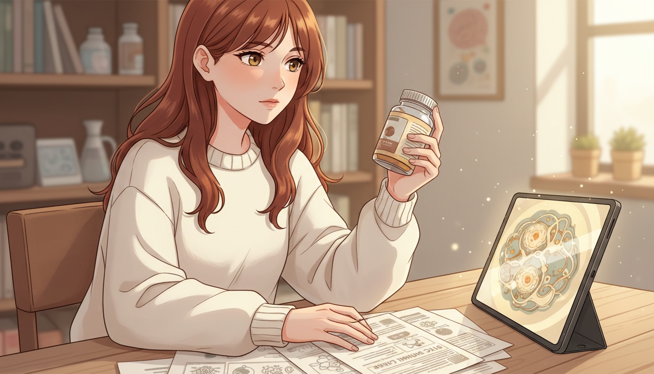 Naia comparing a nootropic supplement bottle with neuroscience research notes about brain immune cells at her desk