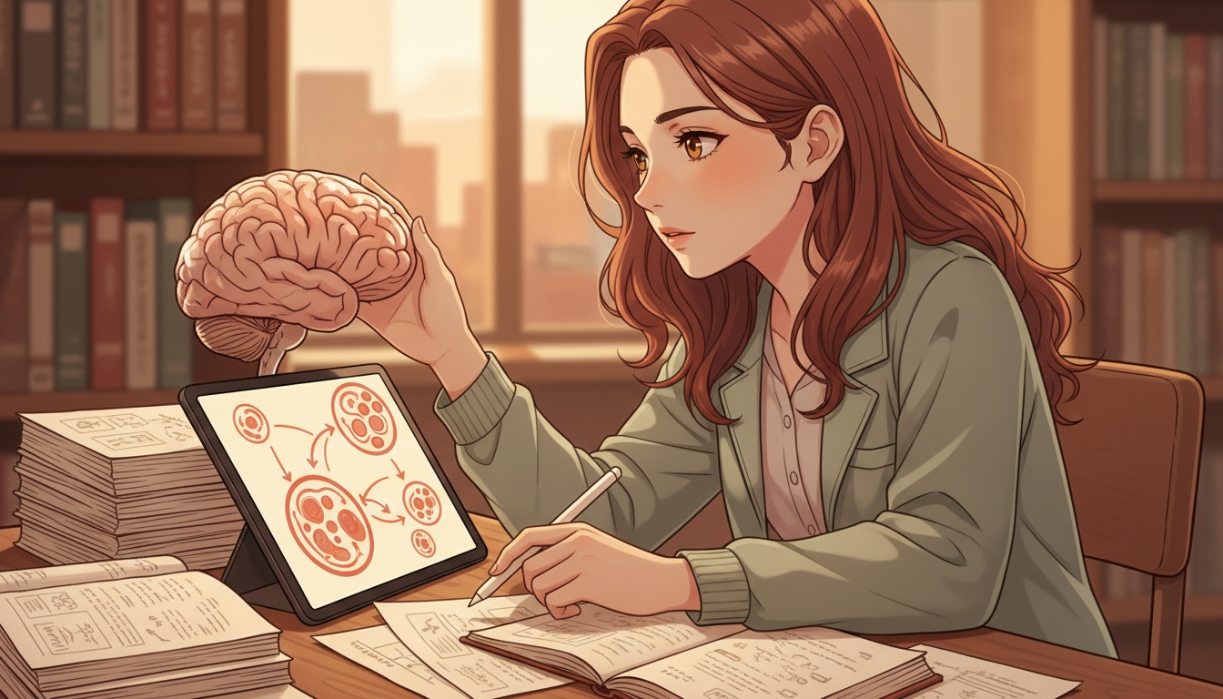 Naia studying brain immune cell research at a desk with a brain model and an inflammation diagram