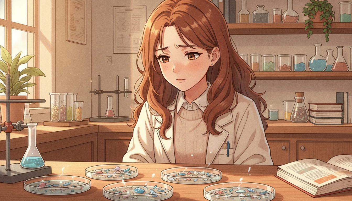 Naia with a disappointed expression examining microplastic contamination research at her desk
