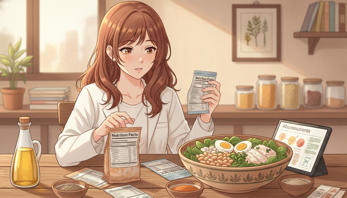 Naia comparing nutrition labels and a bowl of leafy greens, beans and fish at a kitchen table