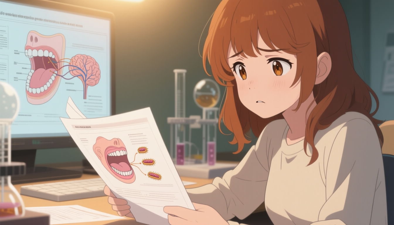 Naia examining research papers about oral-brain pathways with concerned expression