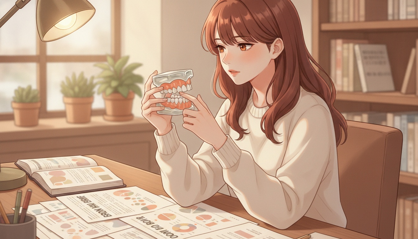 Naia reading research papers about oral-brain connection with dental model on desk