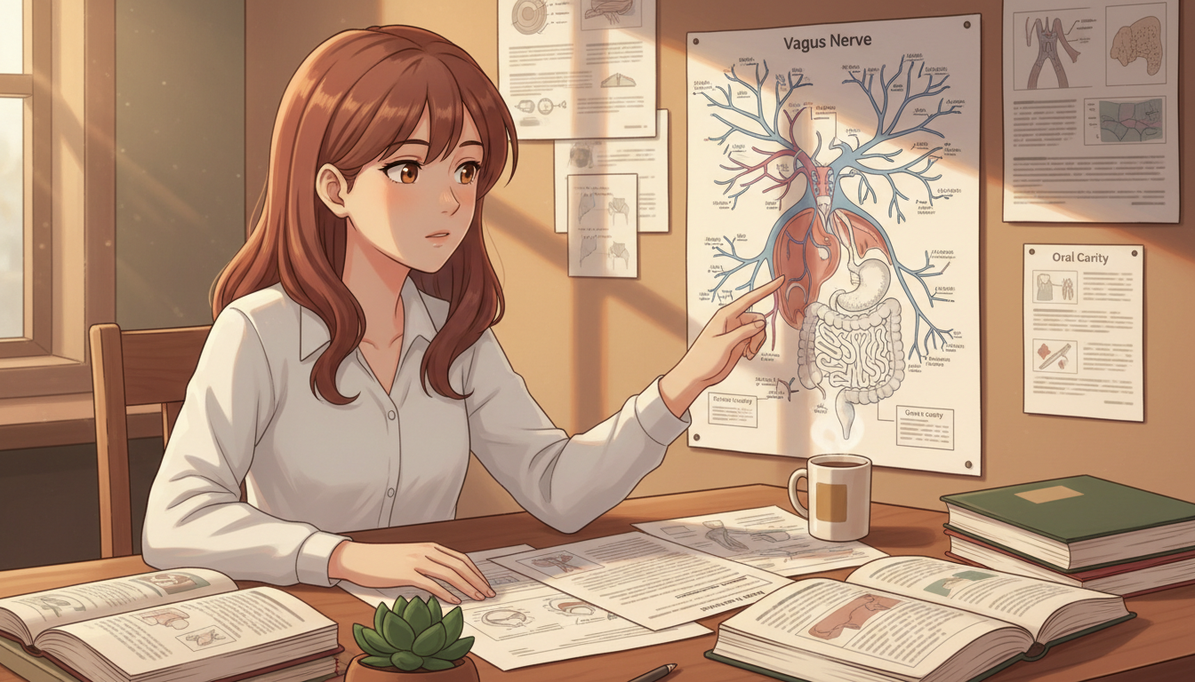 Naia studying oral-brain signaling pathways with research papers and anatomical diagrams