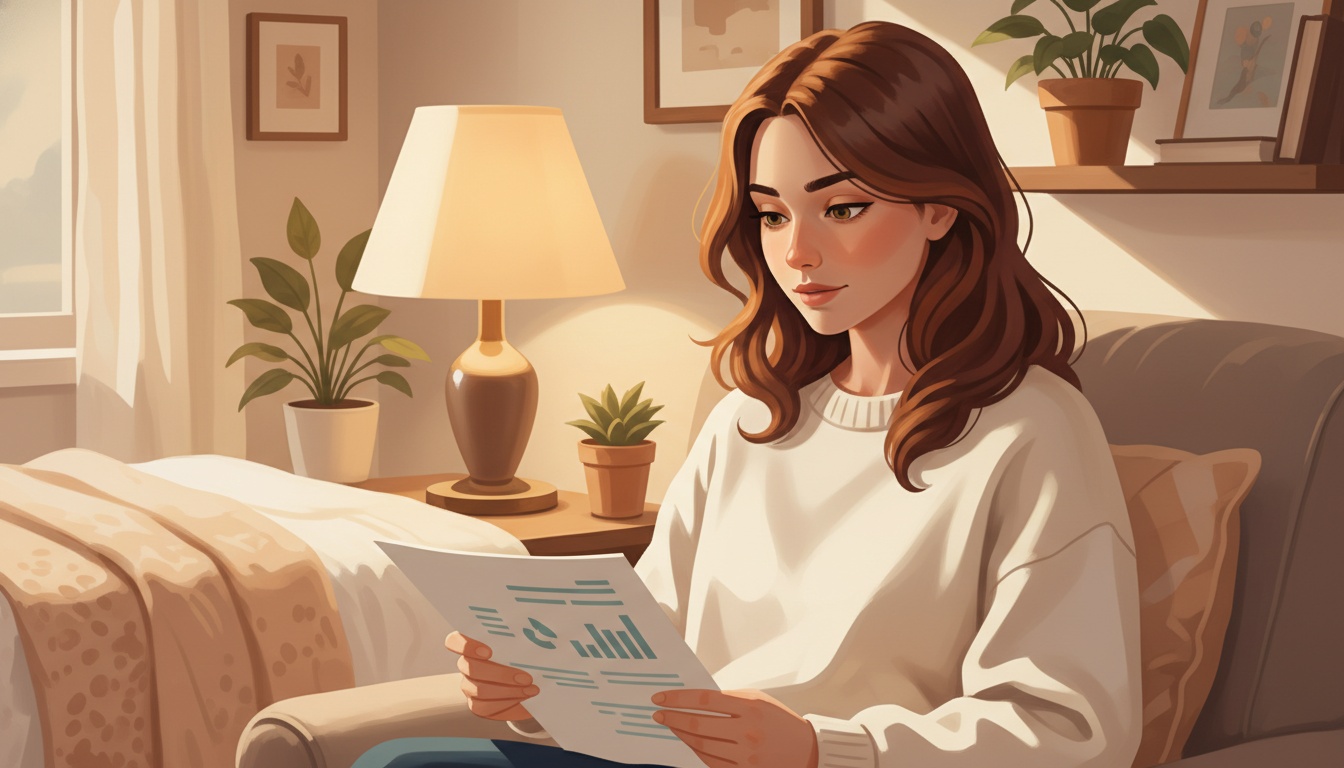 Naia reading sleep research late at night, warm ivory tones