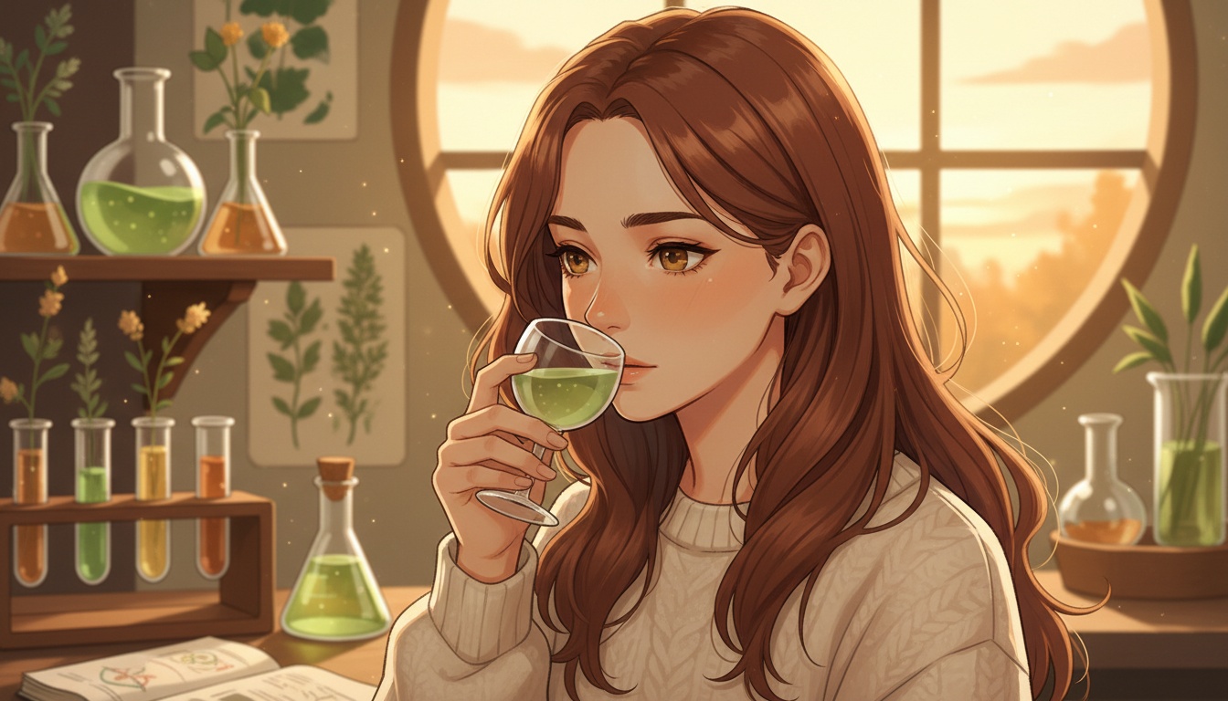 Naia holding a glass of green tea rinse in a warm research setting with oral microbiome imagery