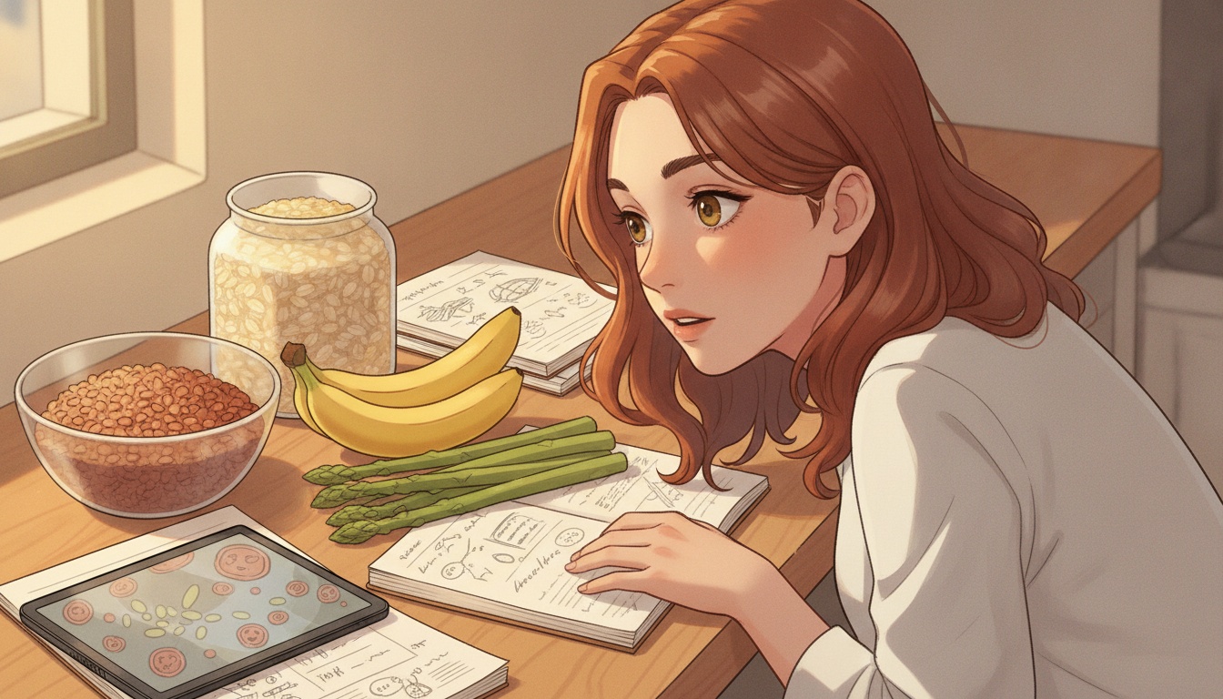 Naia examining prebiotic-rich foods on a kitchen counter with research notes
