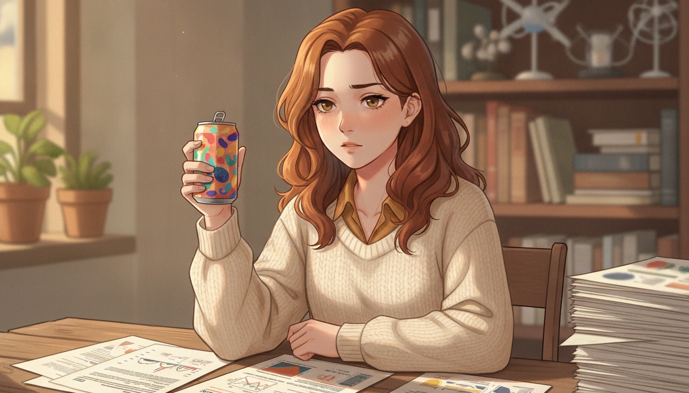 Naia looking skeptical holding a colorful probiotic soda can with research papers on the table