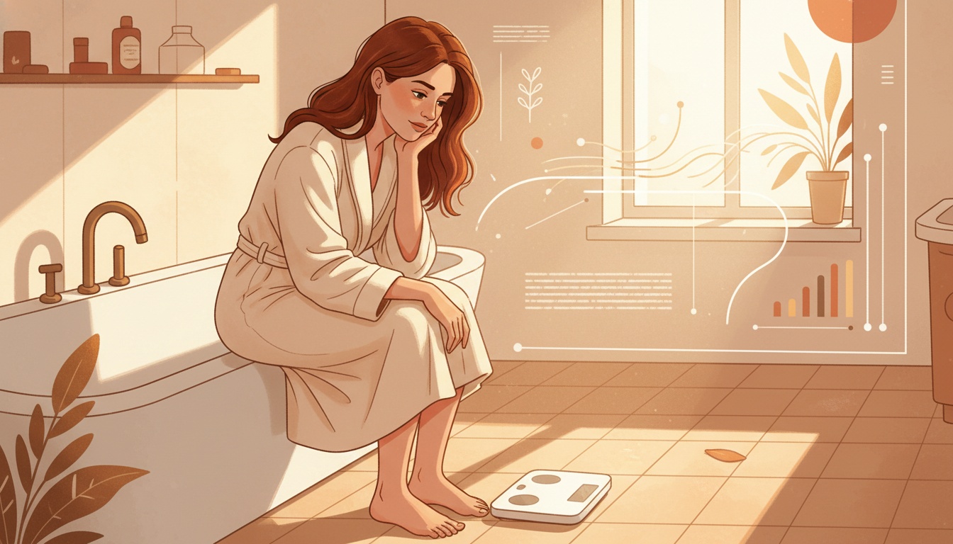 Naia thoughtfully considering weight changes in her 40s, warm morning light