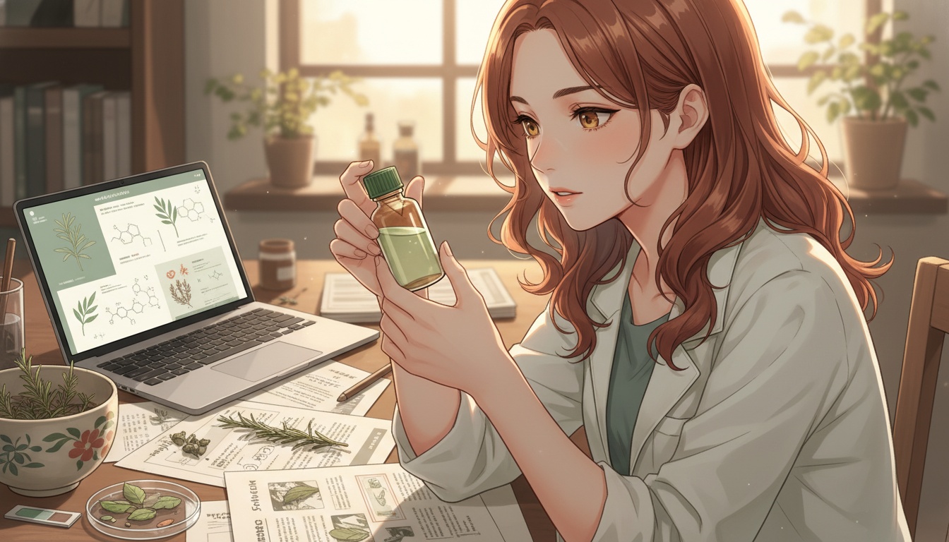 Naia examining rosemary essential oil bottle at desk with research papers, warm editorial setting