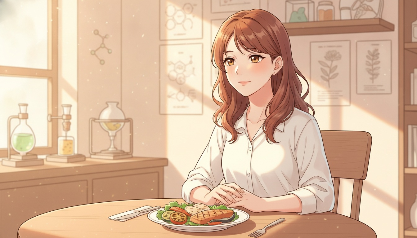 Naia sitting at a table with a plate of food, no phone in sight, warm relaxed expression