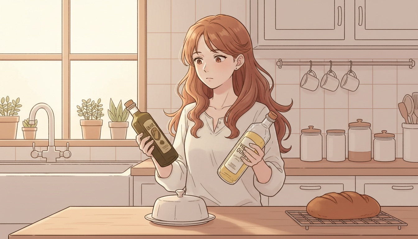 Naia comparing cooking oils in a kitchen — olive oil, butter, and vegetable oil on the counter