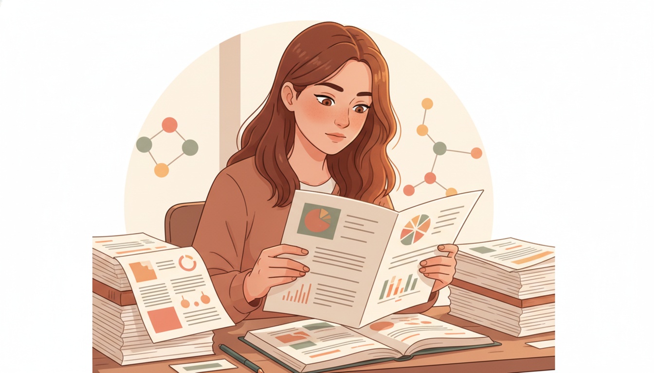 Naia reading inflammation research papers, warm ivory editorial tones