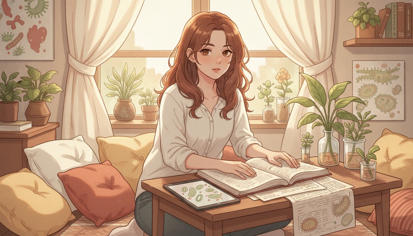Naia reviewing sleep research papers in a cozy bedroom setting