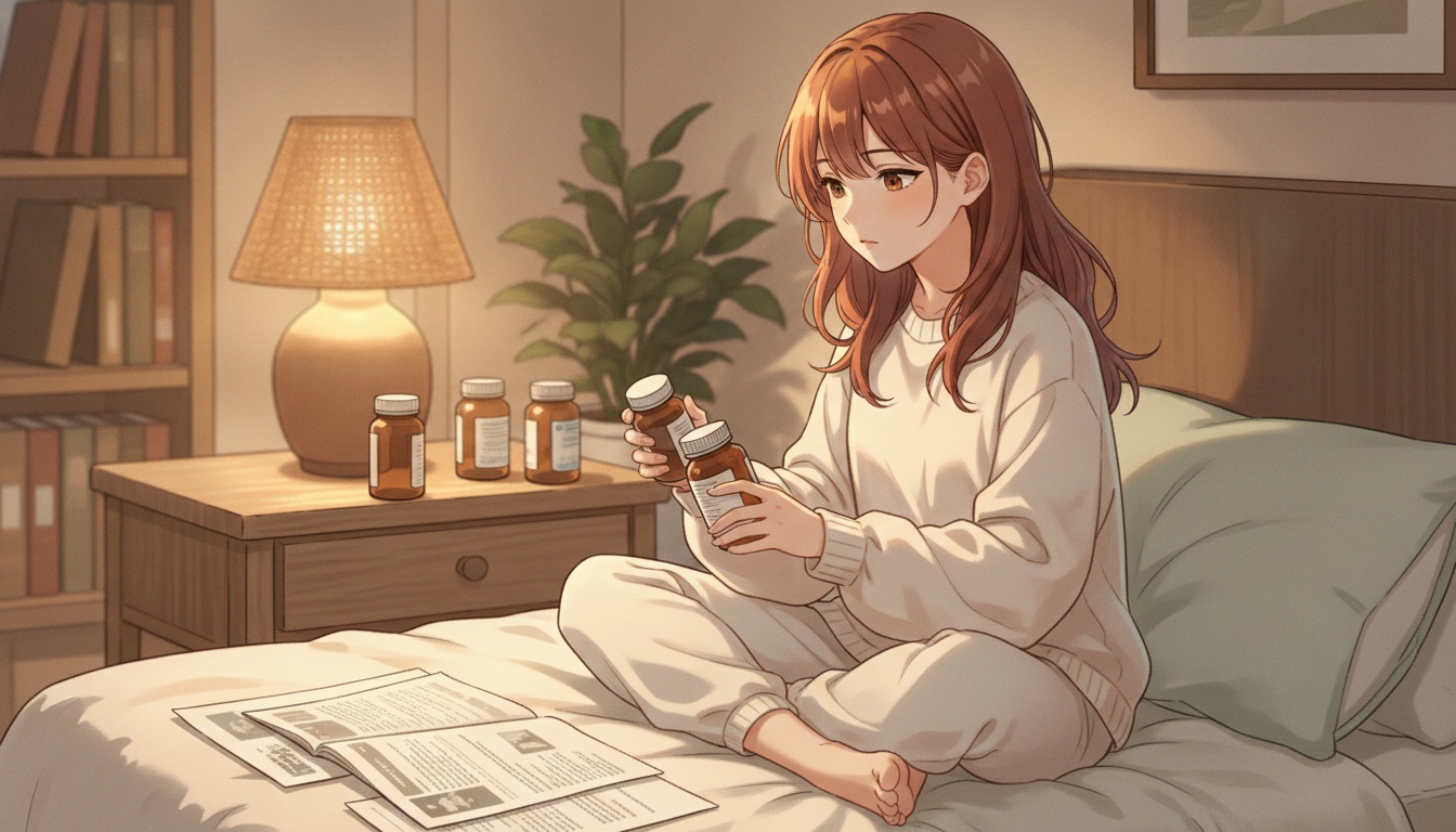 Naia comparing supplement bottles with research papers, warm bedside lighting