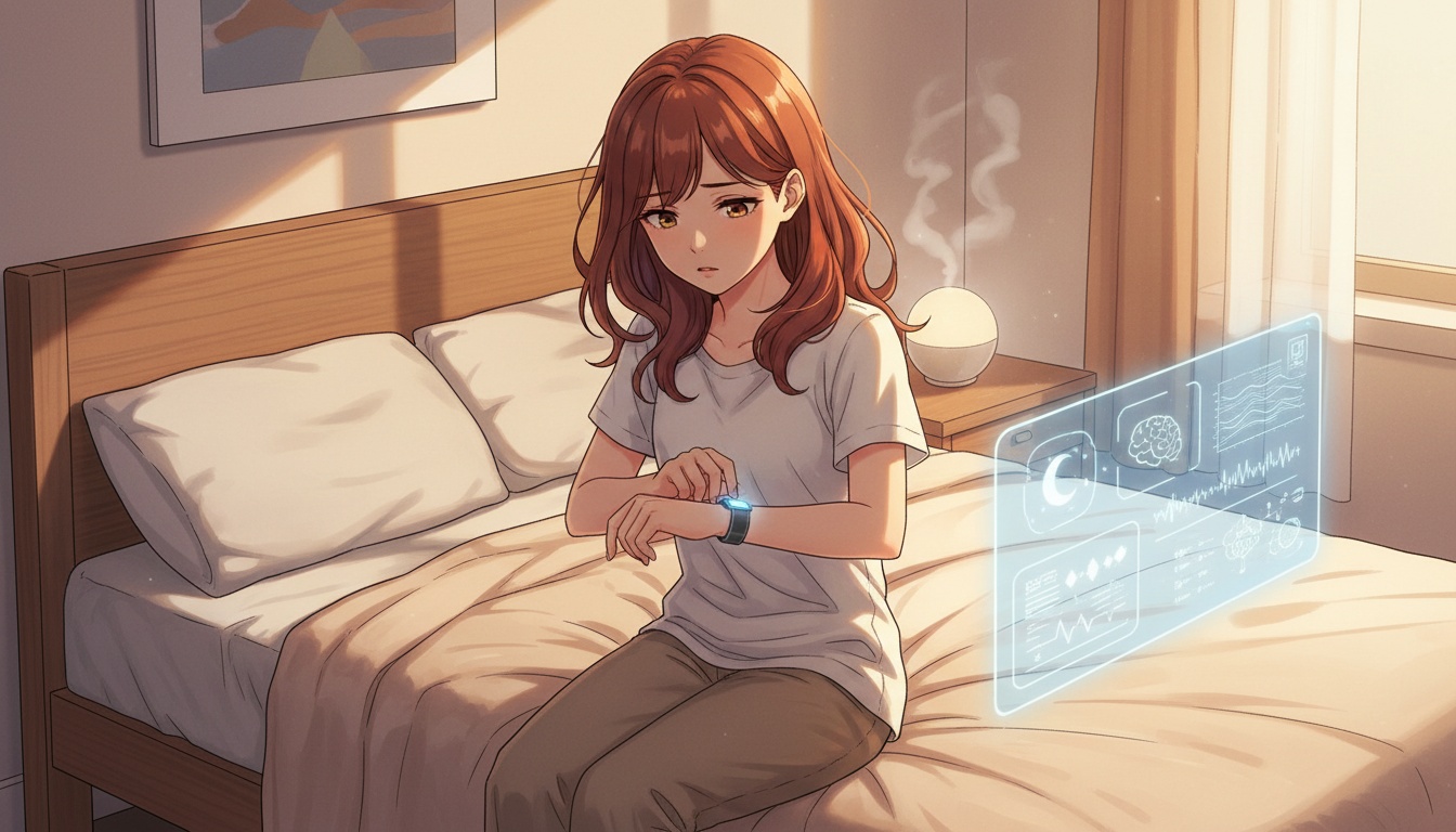 Naia looking concerned at a sleep tracker on her wrist in a dim bedroom