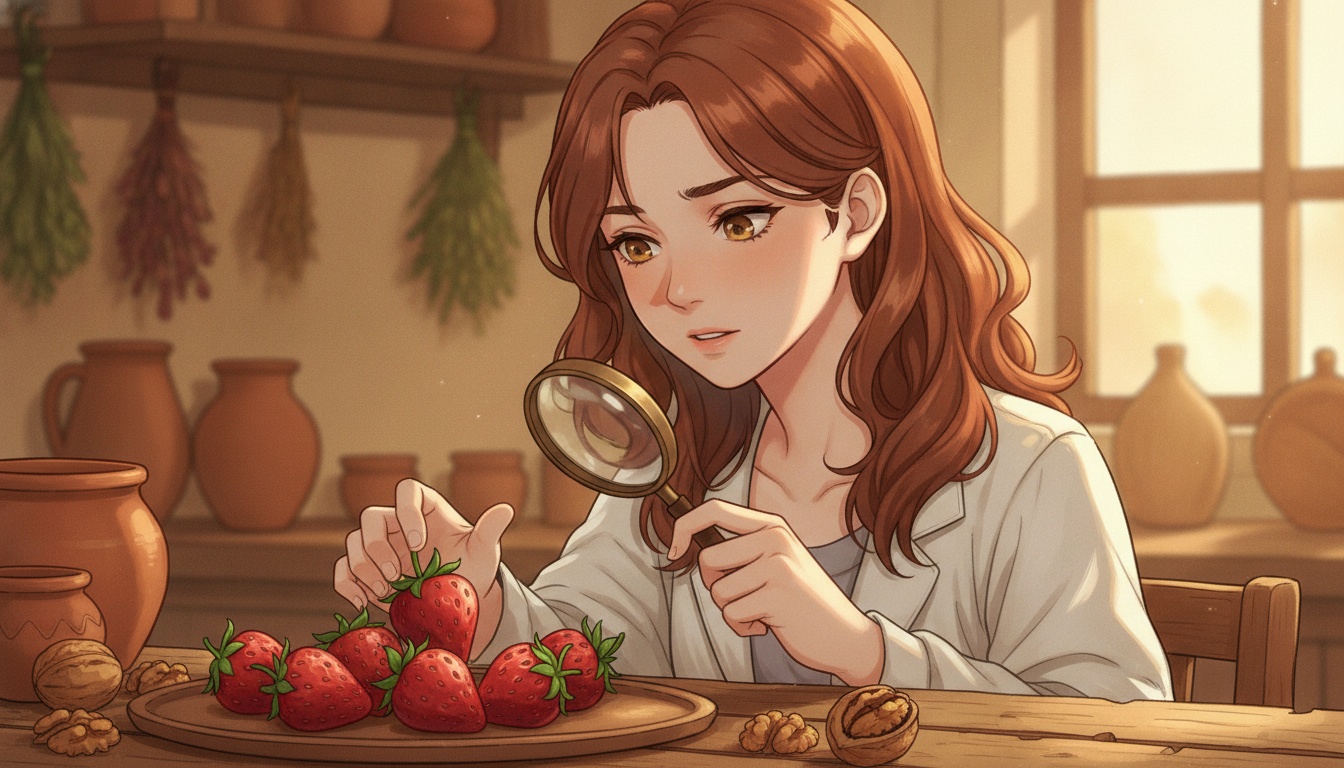 Naia examining fresh strawberries and walnuts on a wooden table, warm earthy kitchen scene