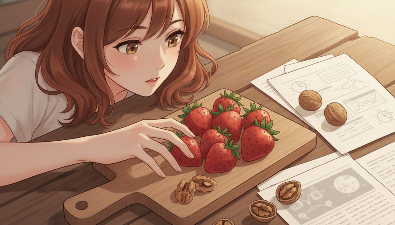 Naia examining strawberries and walnuts with research papers nearby