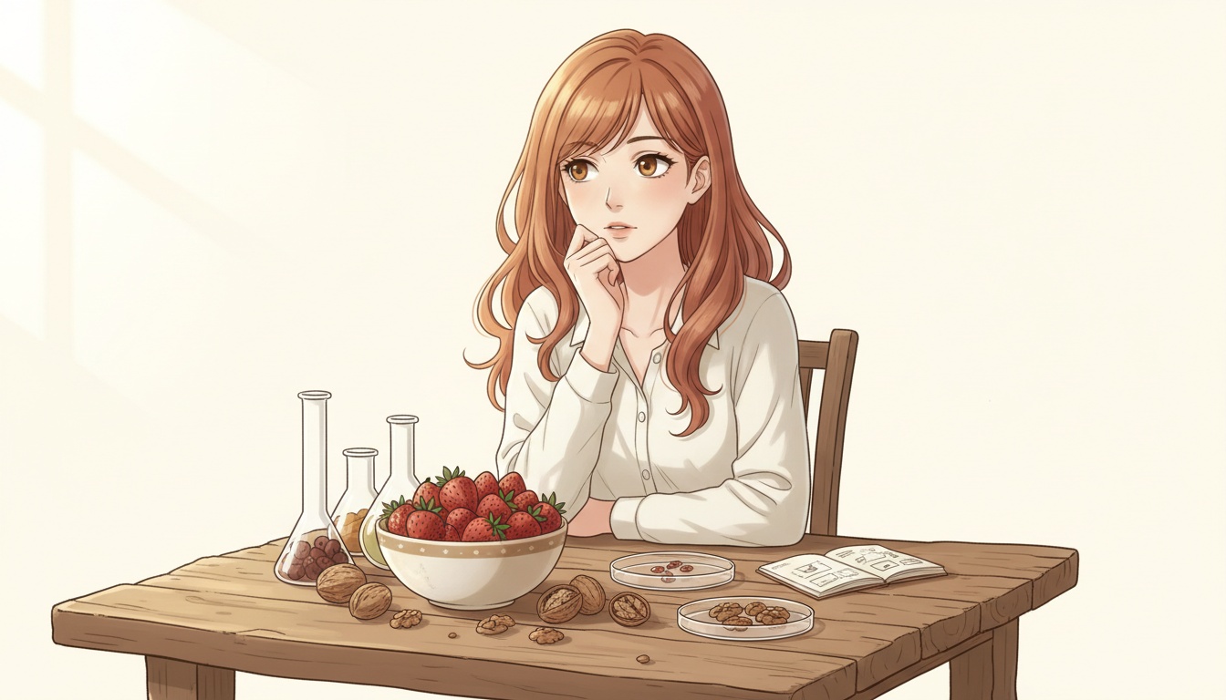 Naia curious expression with strawberries and walnuts on a wooden table, warm kitchen research scene