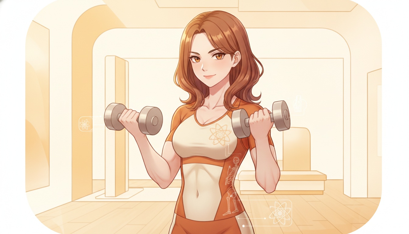 Naia lifting dumbbells in bright minimal gym, confident strong posture