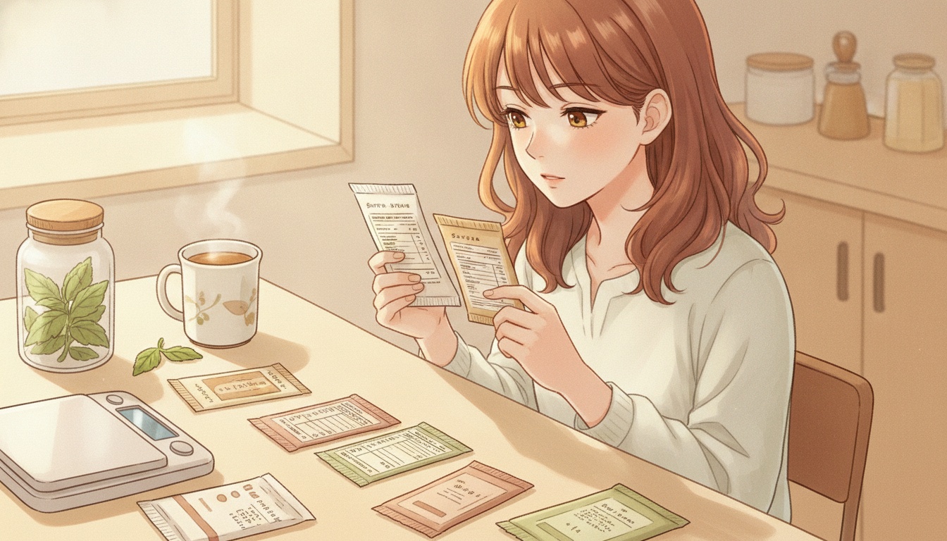 Naia comparing sugar substitute packets on kitchen counter