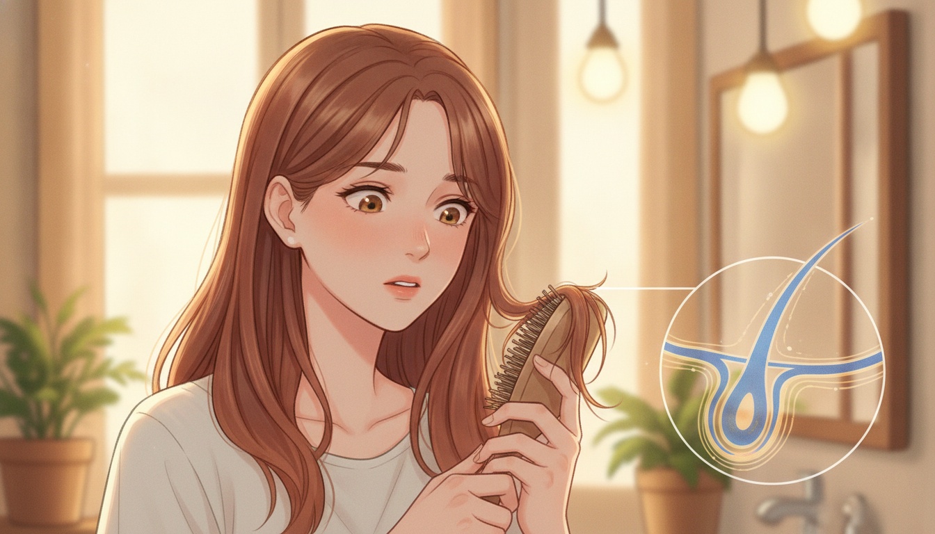 Naia looking concerned at hairbrush with shed hair, warm bathroom setting