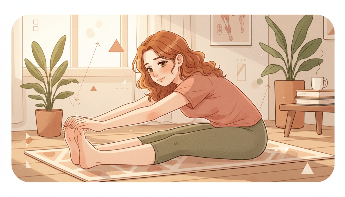 Naia doing gentle stretching exercise in warm-lit room