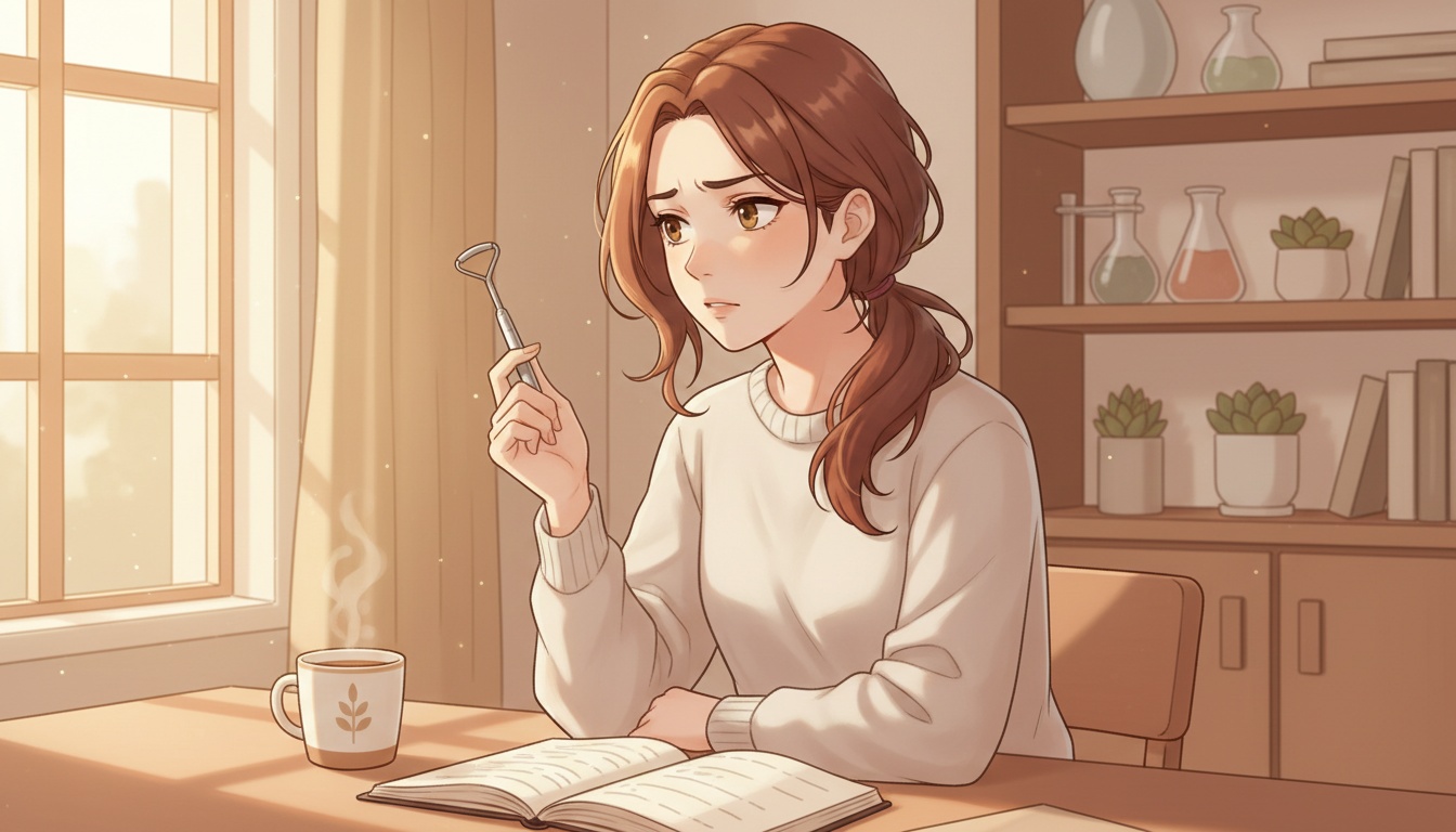 Naia examining tongue health research at her desk with morning light