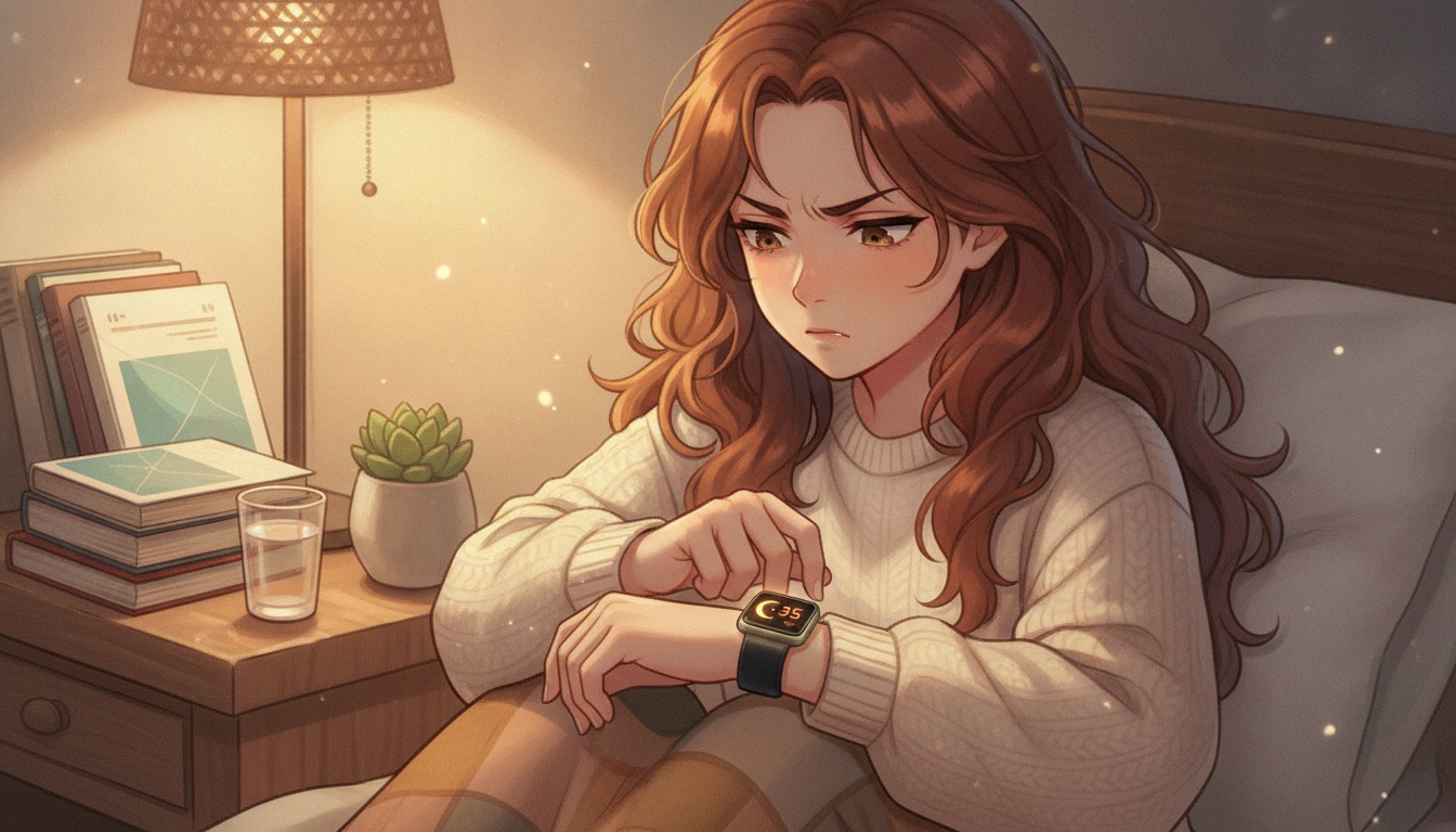 Naia looking frustrated at a sleep tracker showing poor sleep scores on her wrist